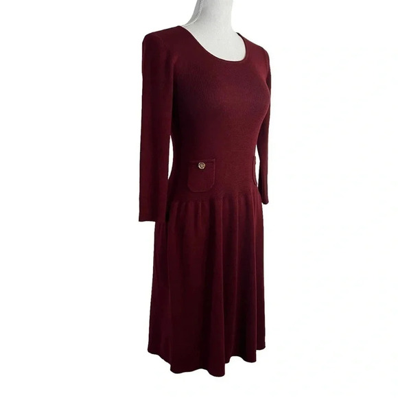 Anne Klein Wool Blend Dark Red Sweater Dress Small 3/4 Sleeves Pockets Buttons - Picture 2 of 7